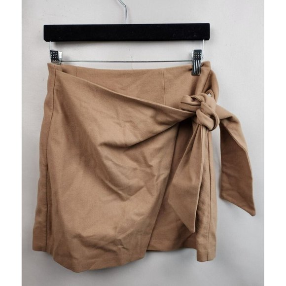 Wilfred Aritizia Camel Wool Blend Side Tie Wrap Mini Skirt Size 10 - Picture 1 of 7